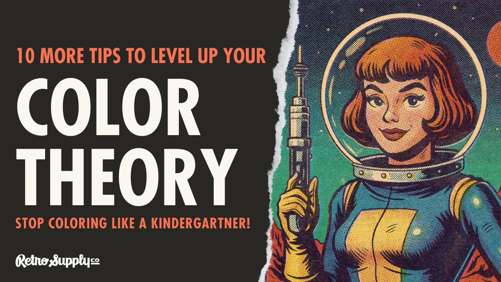 Retro illustration of a woman in space with colorful text about color theory tips.