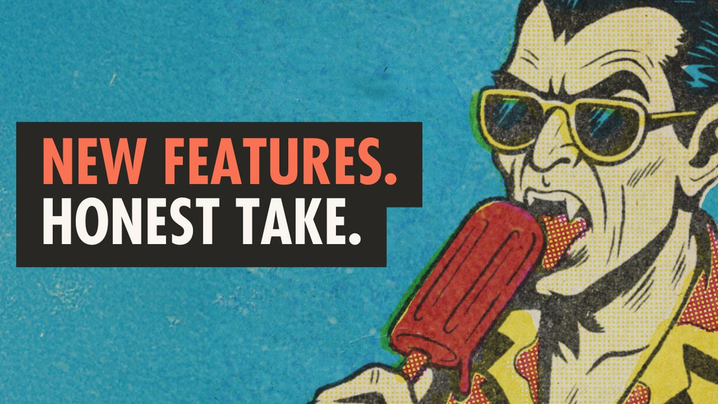 Man in sunglasses eating a popsicle, with text about new features of Procreate 5.4 Brush Update.