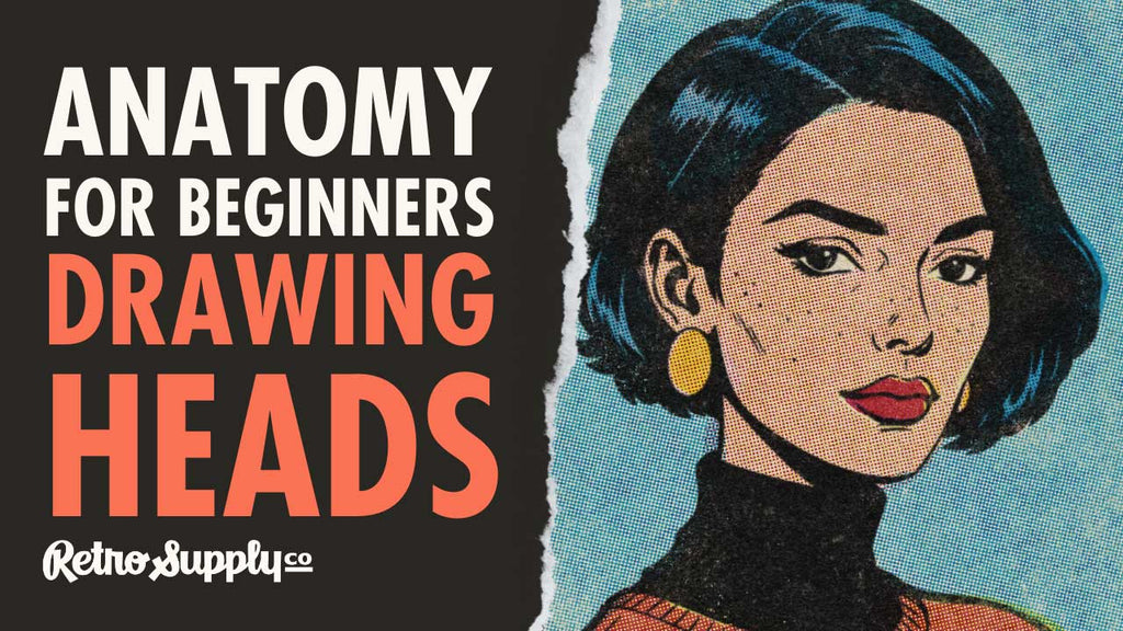Illustration of a woman with text: "Anatomy for Beginners Drawing Heads.