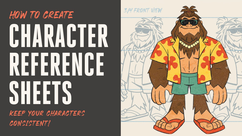 Character reference sheet guide featuring a cartoon character in beach attire.