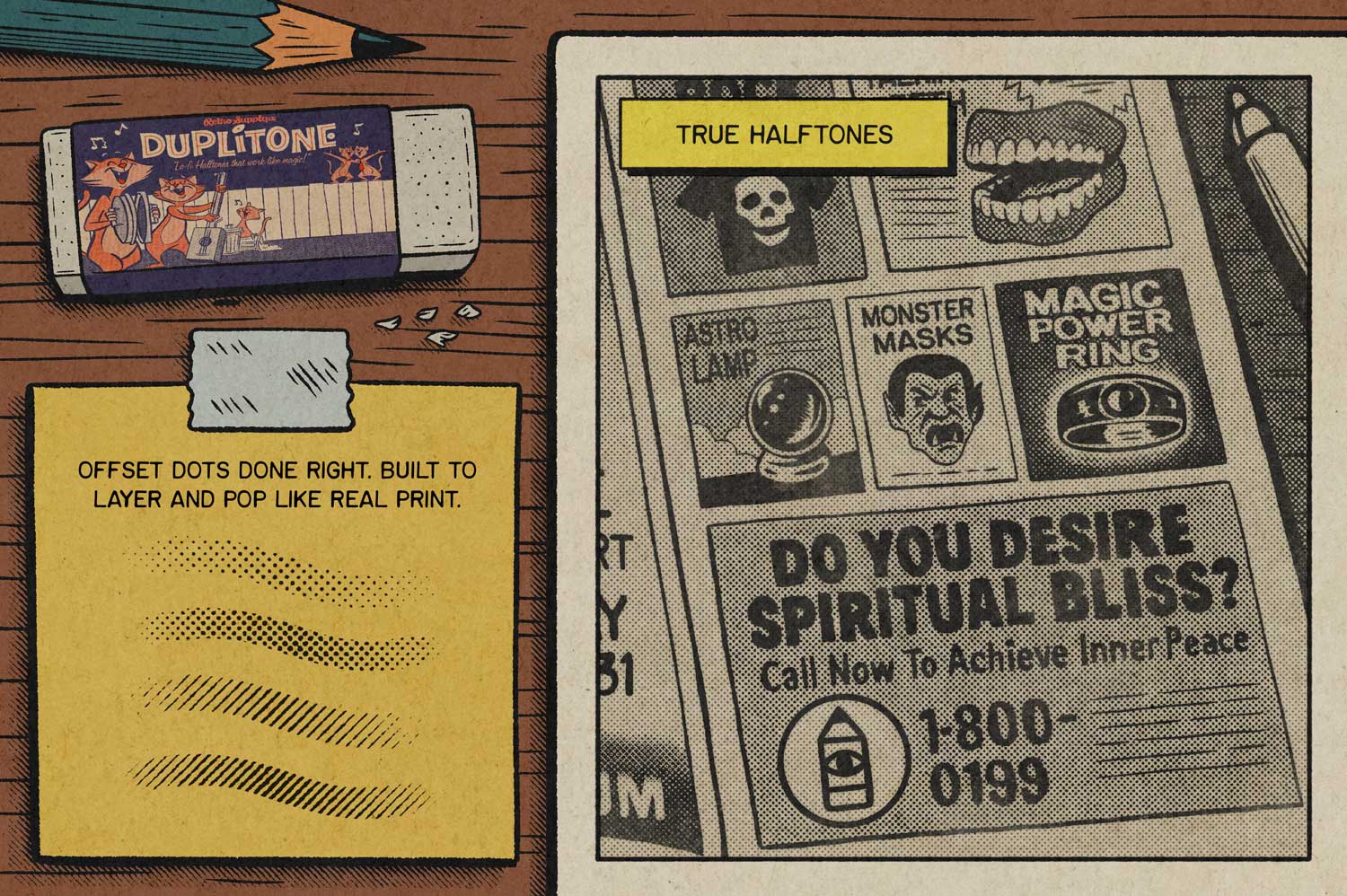 DupliTone halftone brushes on newspaper illustration.