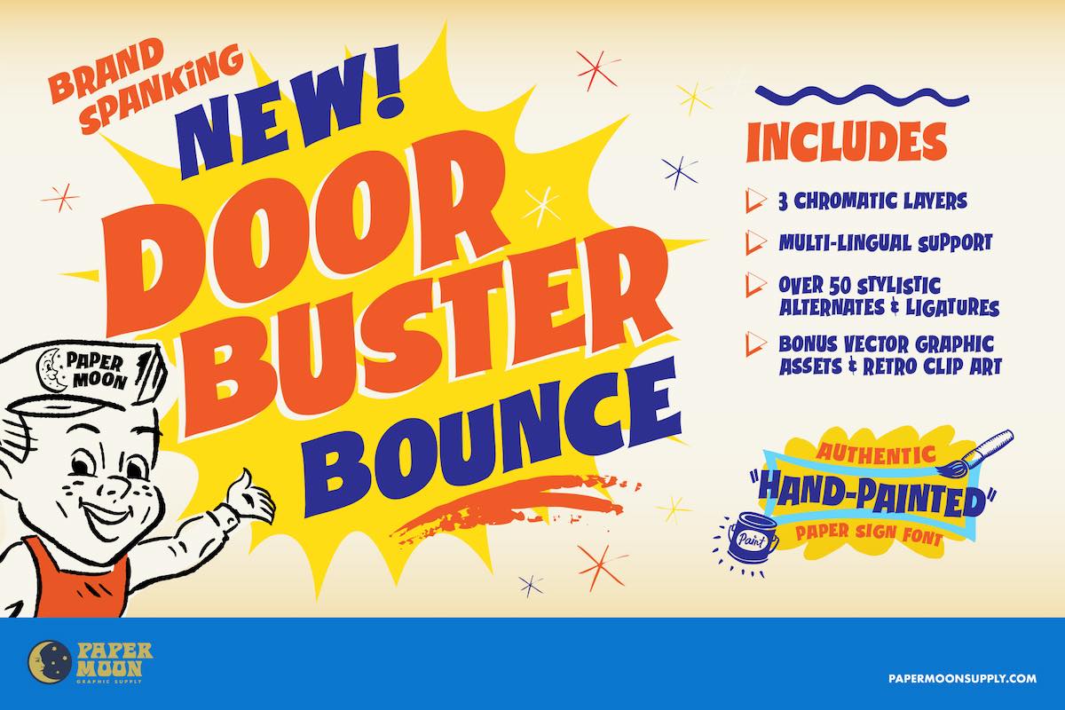 Doorbuster Bounce a vintage style hand-painted sign font with 3 chromatic layers, multi-lingual support, over 50 alternates and ligatures, and bonus vector graphics.