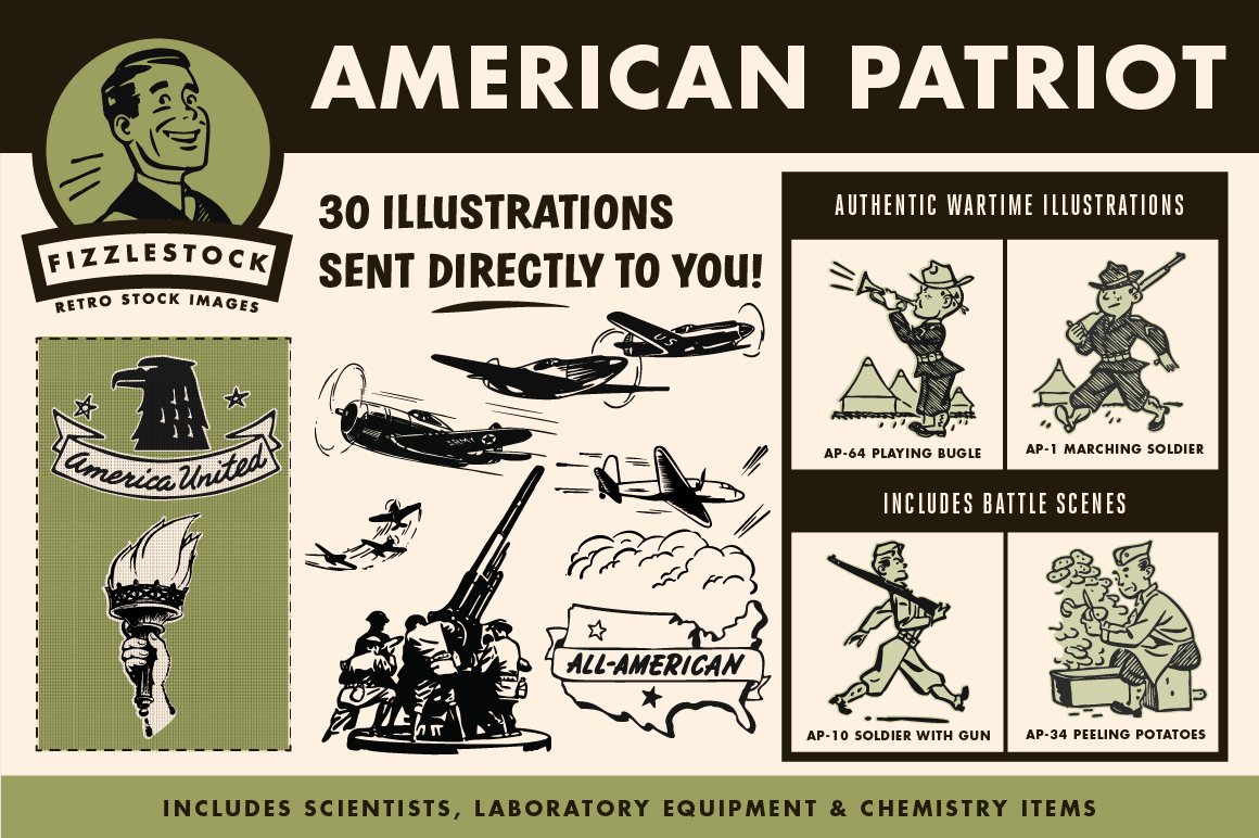 Retro clip art of American eagle, airplanes, soldiers, and United States.