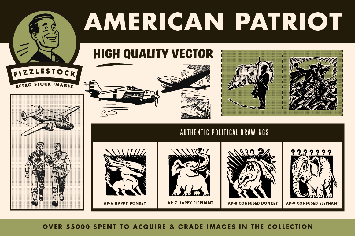 Antique clip art of soldiers, airplanes, flag, democrat, and republican.