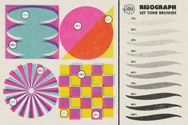 Risograph for Adobe Illustrator includes 20 set tone pattern swatches and graphic styles in both wet and dry pattern types.