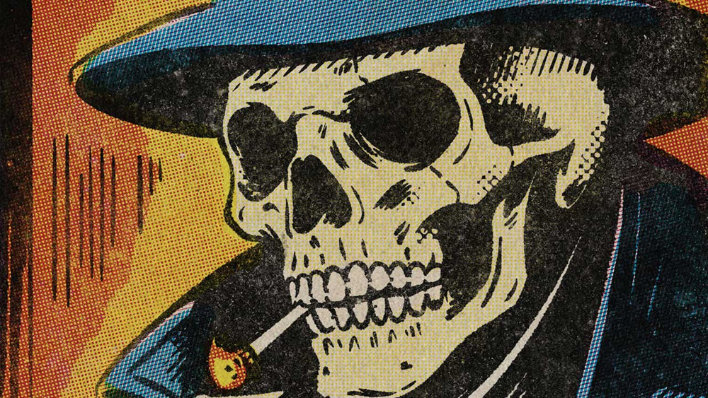 A mysterious skeleton wearing a fedora and smoking a cigarette.
