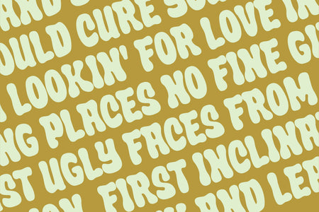 Repeating song-lyric texture set in Crumber bubble lettering, cream on gold