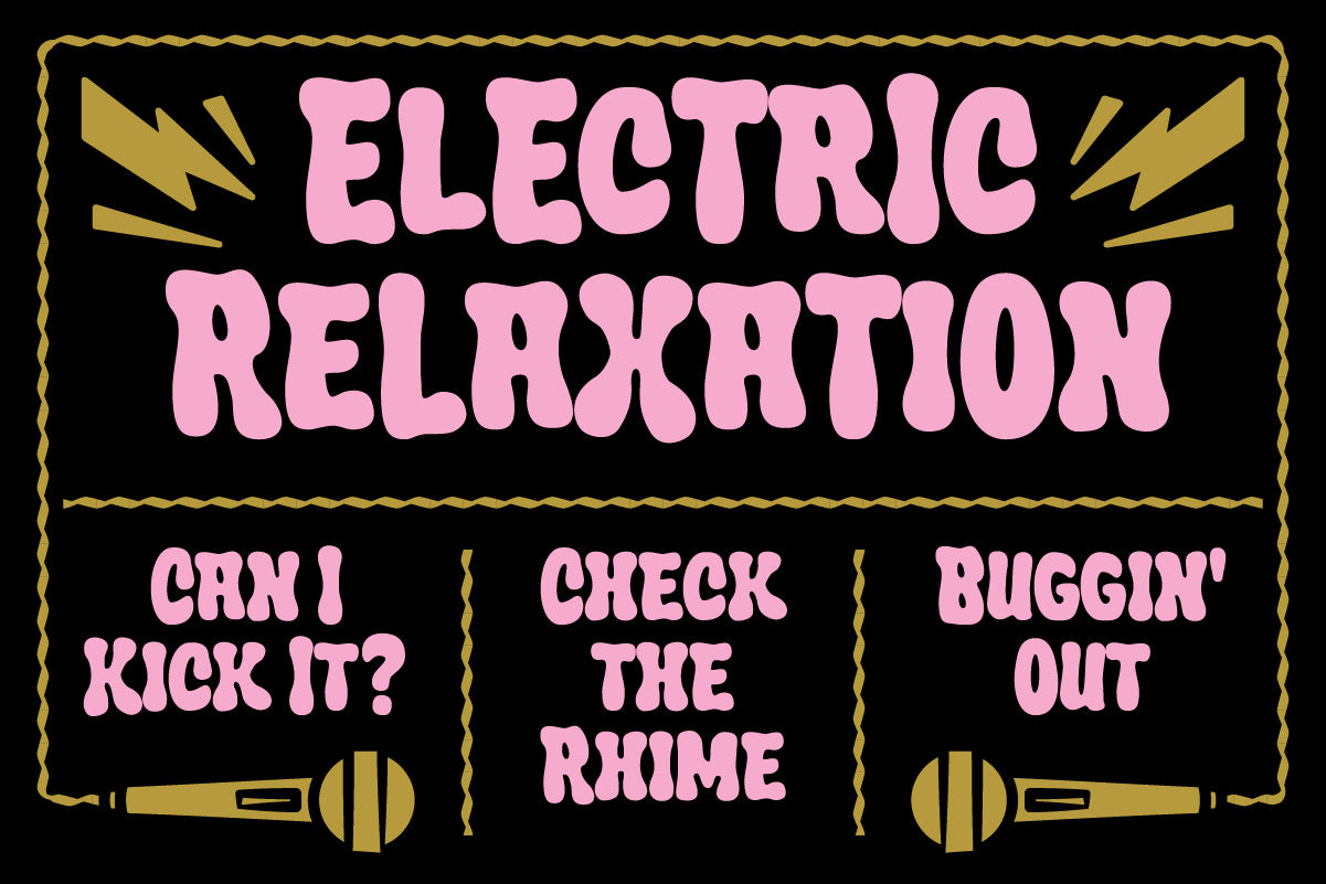 Electric Relaxation gig-poster design in Crumber bubble font with microphone illustrations
