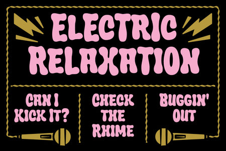 Electric Relaxation gig-poster design in Crumber bubble font with microphone illustrations