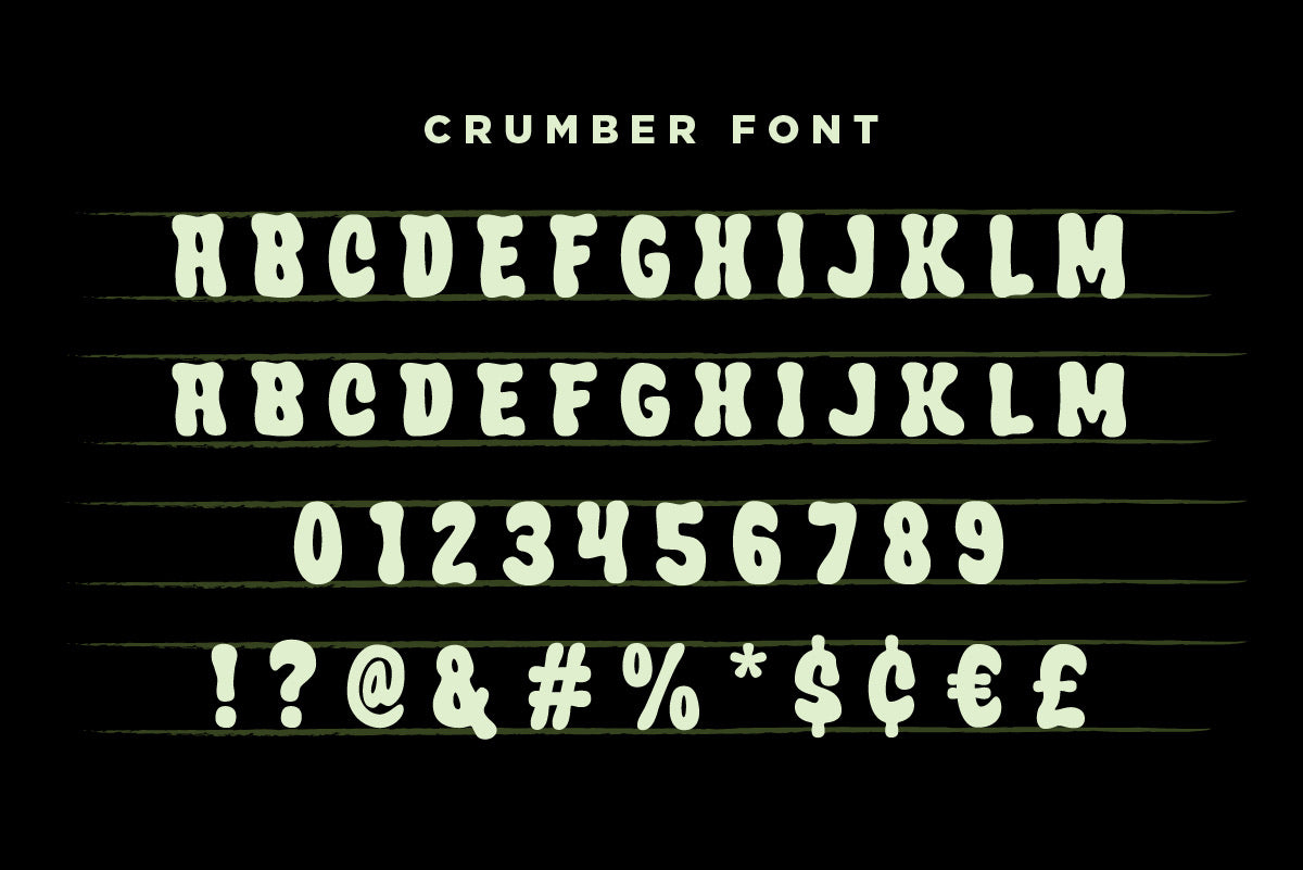 Crumber bubble font full alphabet chart with uppercase letters, numerals, and punctuation