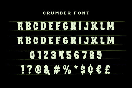 Crumber bubble font full alphabet chart with uppercase letters, numerals, and punctuation