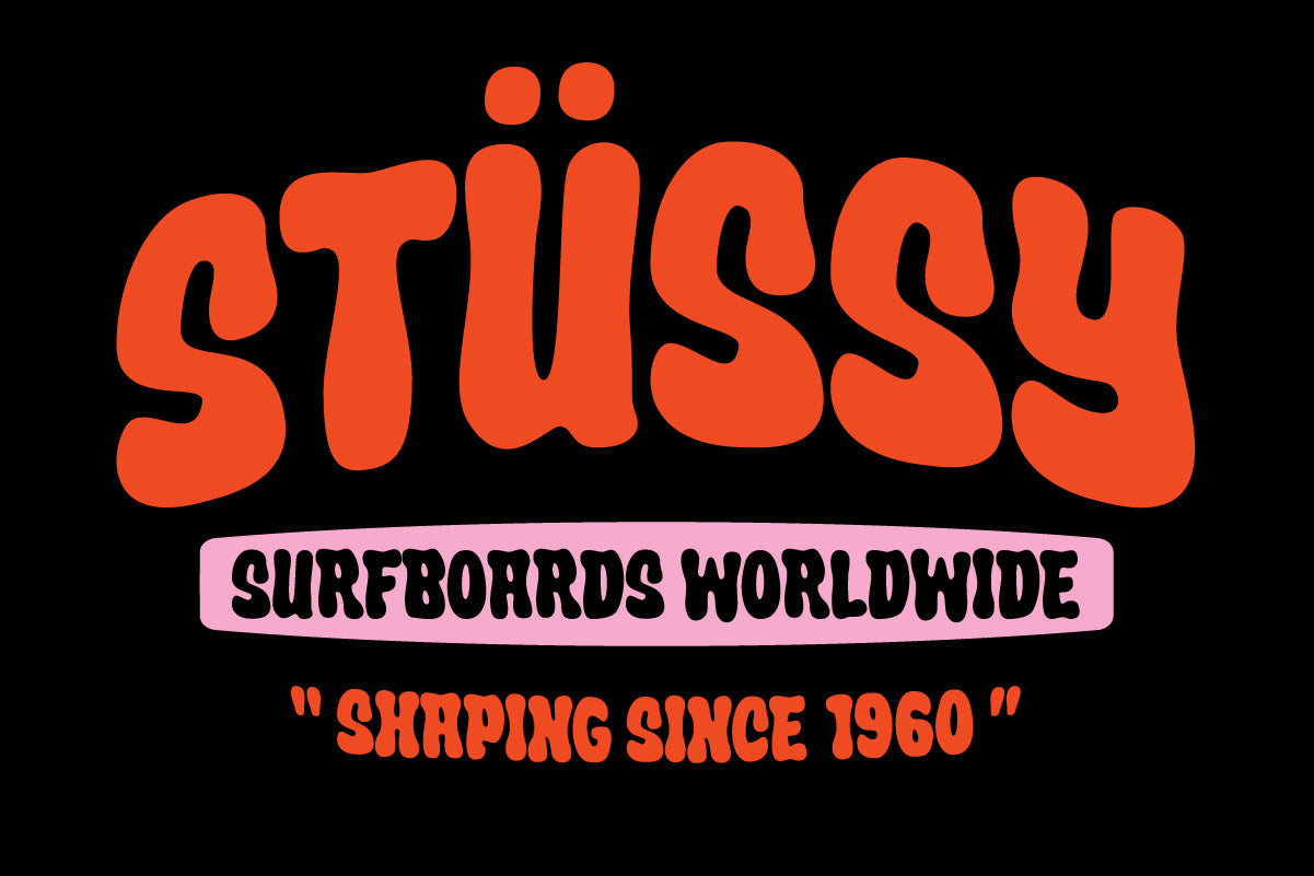 Stüssy Surfboards Worldwide badge in red Crumber organic bubble lettering