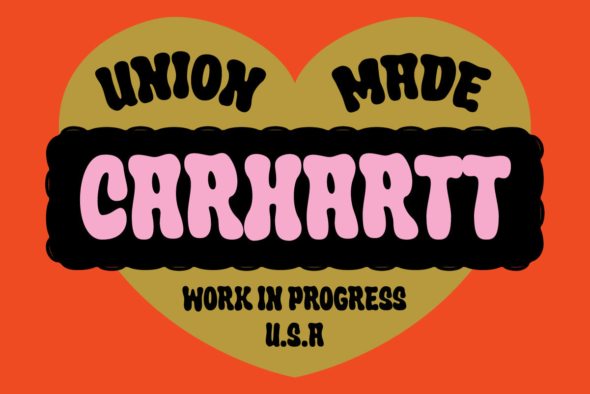 Carhartt Union Made heart badge design in Crumber bubble font