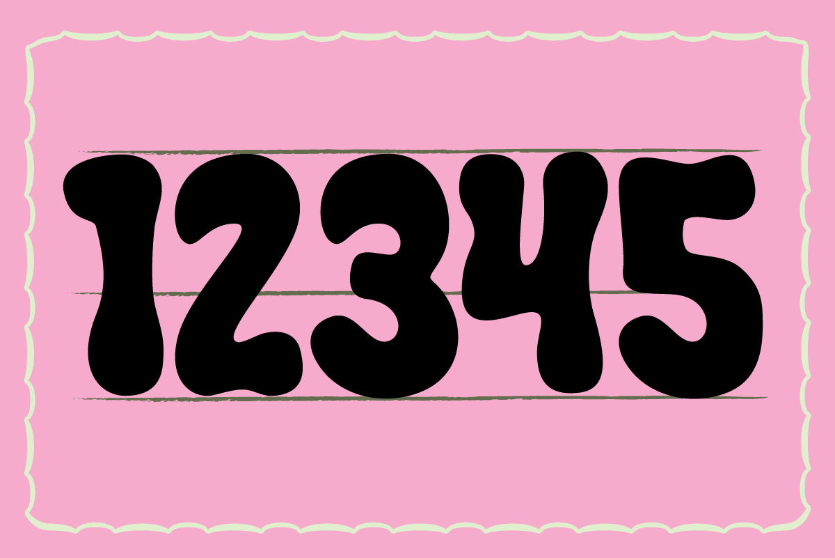 Numerals 1 2 3 4 5 set in Crumber, a chunky organic bubble font, black on pink