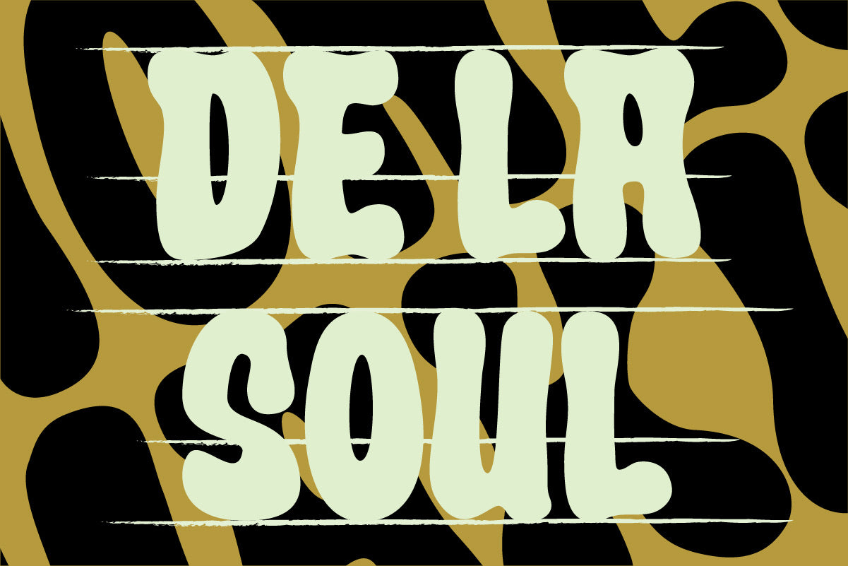 De La Soul lettering in Crumber bubble font over a gold and black liquid pattern