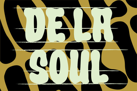 De La Soul lettering in Crumber bubble font over a gold and black liquid pattern