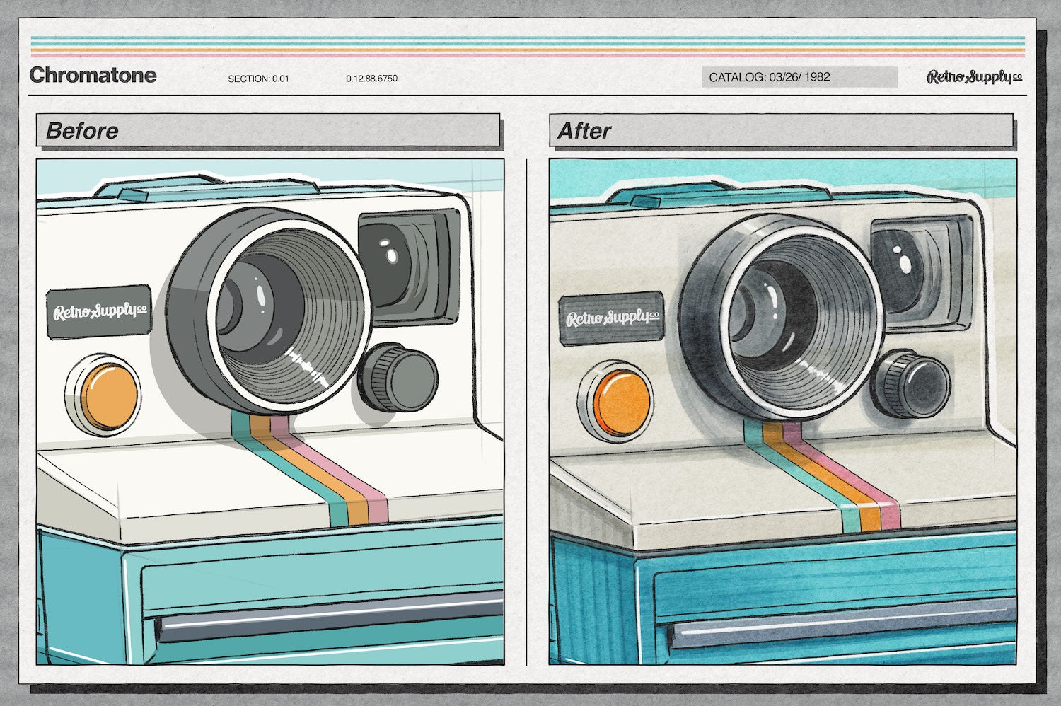 Before and after comparison of Affinity alcohol marker brushes showing realistic shading blending and texture effects