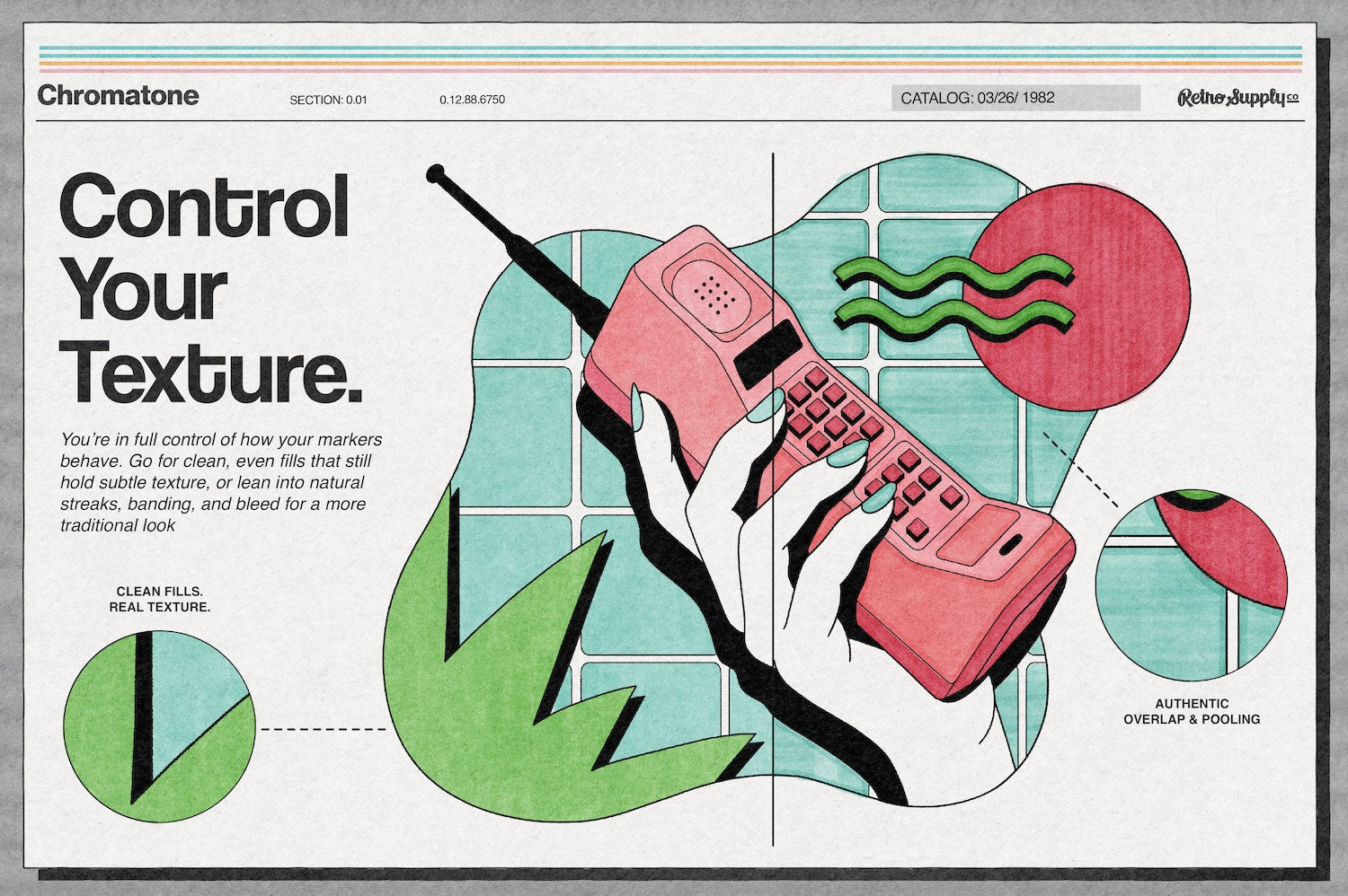 Chromatone Marker Studio for Affinity lets you control your texture and how your markers behave. Go for clean, get fills that hold subtle texture, or lean into streaks, banding, and bleed.