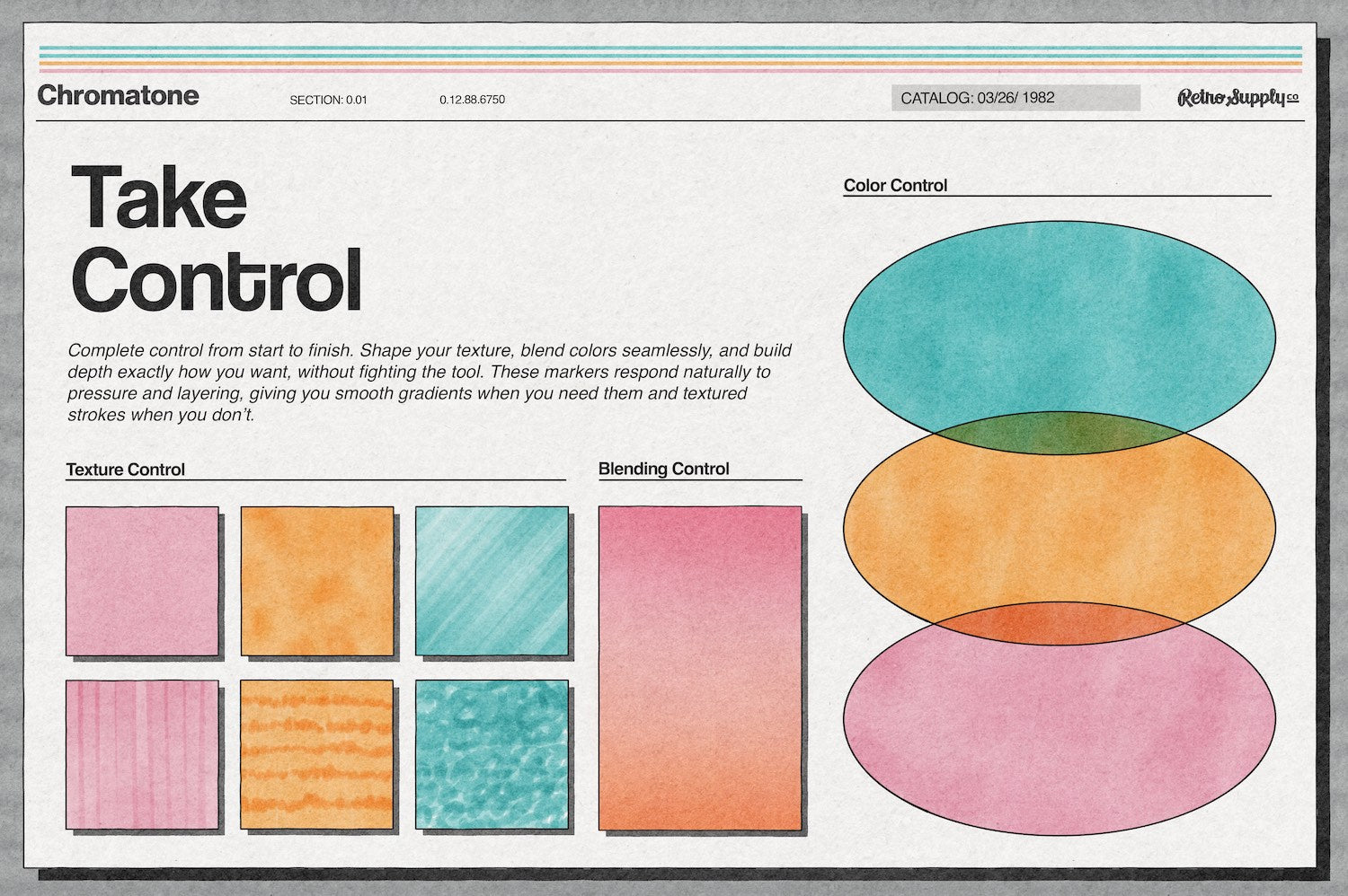 Chromatone Market Studio for Affinity lets you control your textures and blending. From smooth marker tone, pooled wet markers, banded marker lines and more. Plus, beautiful blending and overlaps.