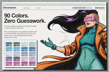 Chromatone Alcohol Marker Studio with marker color palettes including 90 colors inspired by real alcohol markers. Includes a balanced range of hues and values that work together.