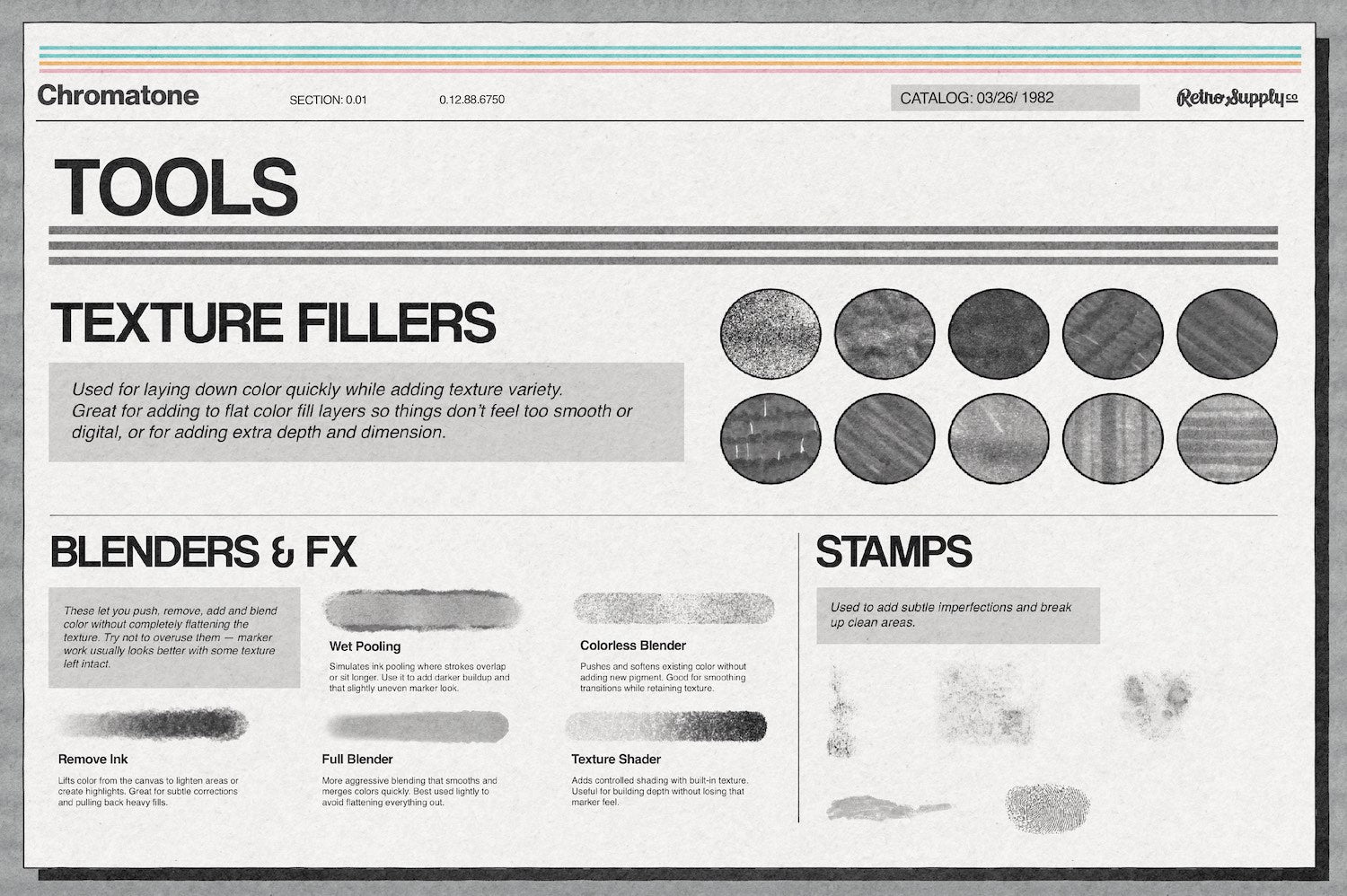 Chromatone Marker Studio for Affinity, including texture fillers like banding, ink pooling, short strokes, long strokes, dry marker, and more.