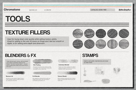 Chromatone Marker Studio for Affinity, including texture fillers like banding, ink pooling, short strokes, long strokes, dry marker, and more.
