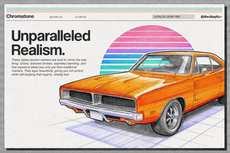 Realistic alcohol marker brushes for Affinity with seamless blending and textured strokes illustrated car