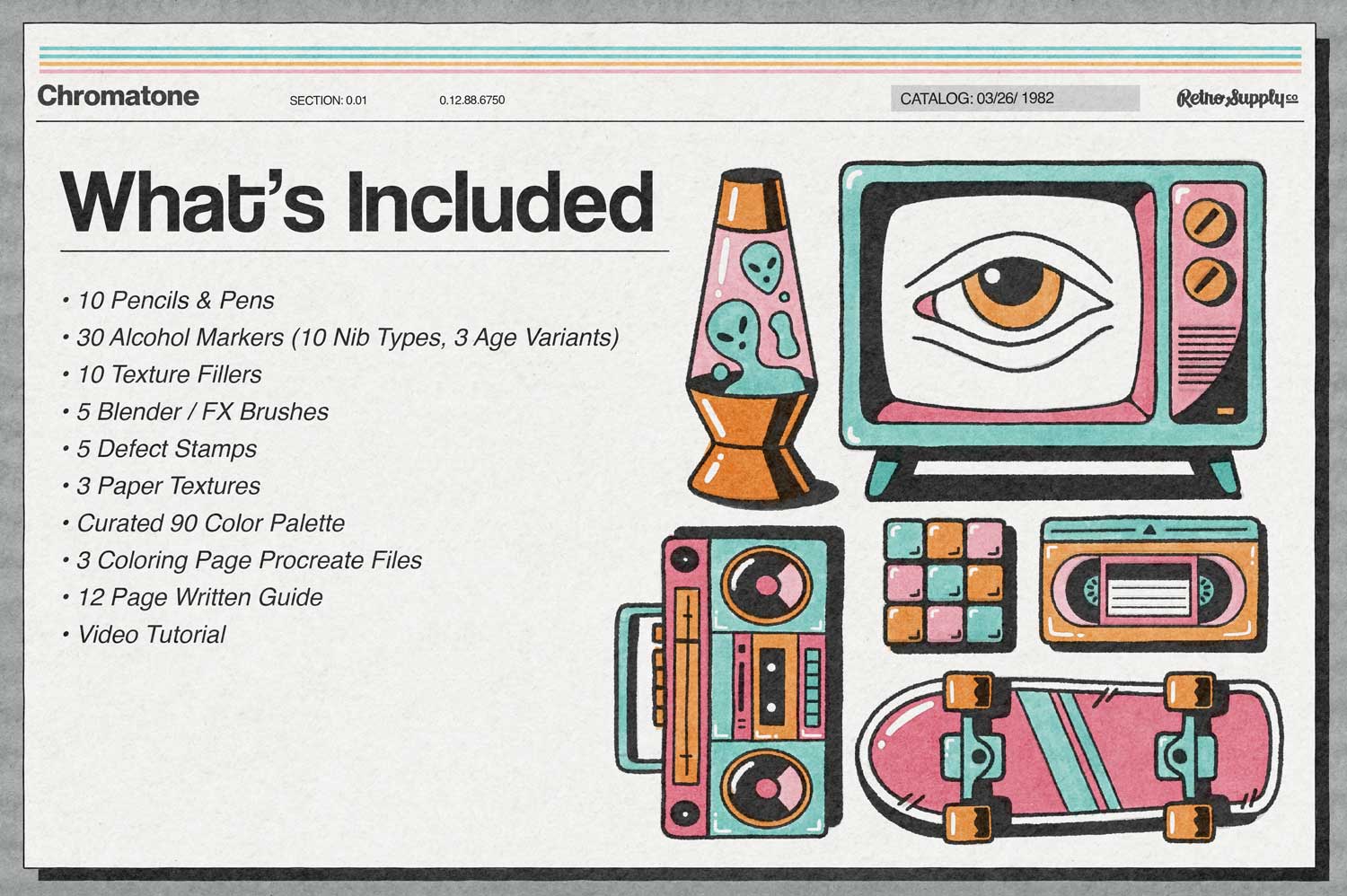 What's included in the Chromatone Digital Marker Brush Kit including pencils, pens, alcohol markers, blender and effect brushes, paper, color palettes, coloring pages, written guide and video guide.