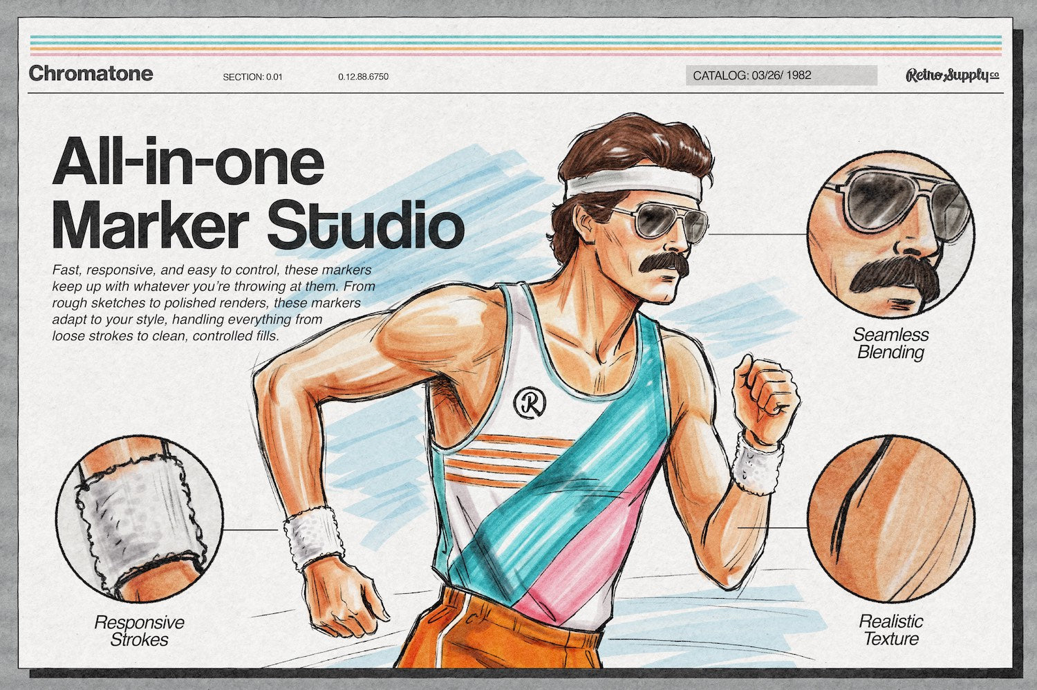 All in one digital alcohol marker brush set with seamless blending responsive strokes and realistic texture for Affinity. Illustration of jogger made with markers.