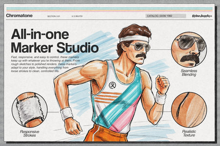 All in one digital alcohol marker brush set with seamless blending responsive strokes and realistic texture for Affinity. Illustration of jogger made with markers.