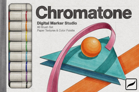 Chromatone Digital Marker Studio for Procreate packaging with markers and abstract art design.