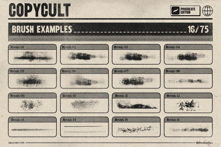 Collection of brush examples with 'Copy Cult' branding on a vintage-style background.