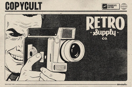 Vintage-style advertisement for Retro Supply Co with a person holding a camera.