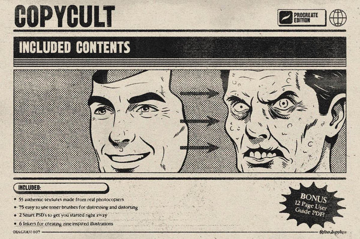 Product packaging for 'Copy Cult' with illustrations of a smiling man and a scary face, and text about included contents and bonuses.