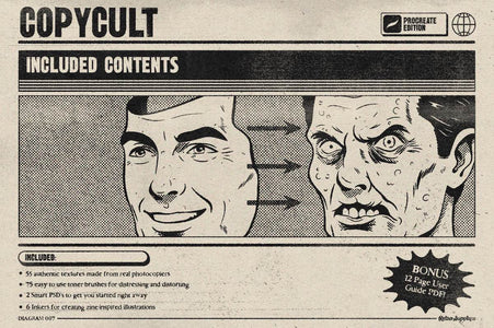 Product packaging for 'Copy Cult' with illustrations of a smiling man and a scary face, and text about included contents and bonuses.