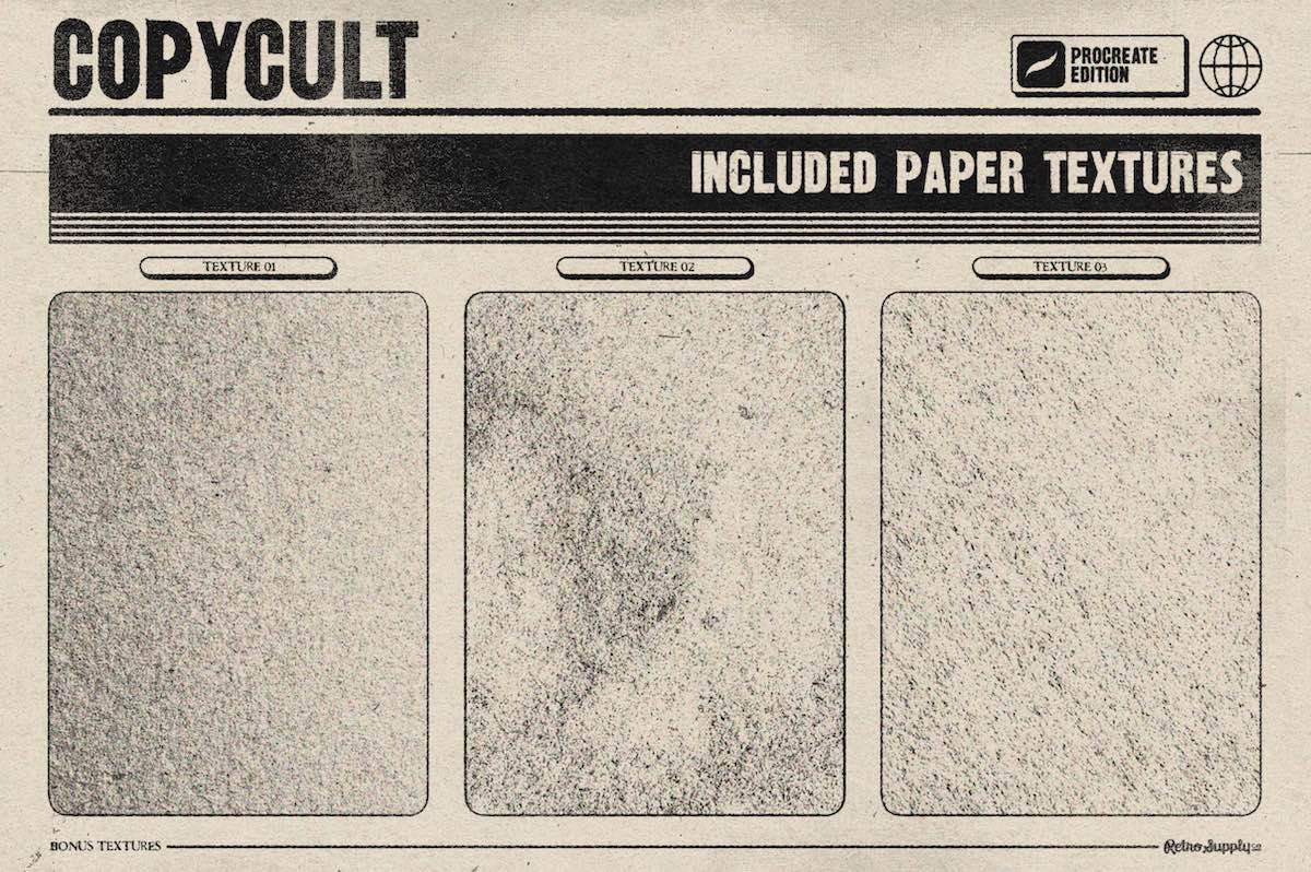 Vintage-style paper texture showcase with 'Copy Cult' branding and text about included paper textures.