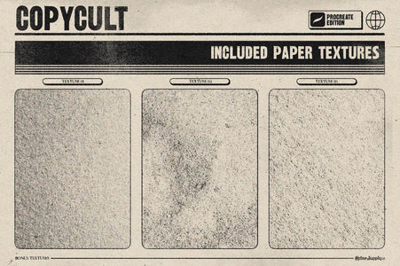Vintage-style paper texture showcase with 'Copy Cult' branding and text about included paper textures.