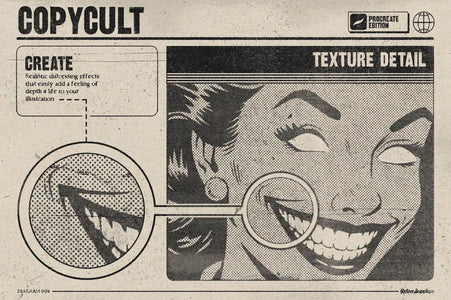 Advertisement for a graphic design software with a stylized illustration of a woman's face and text about texture detail achieved with Copy Cult brushes and textures.