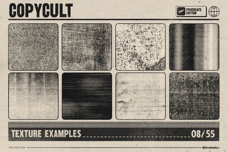 Collection of texture examples with 'Copy Cult' branding on a paper background