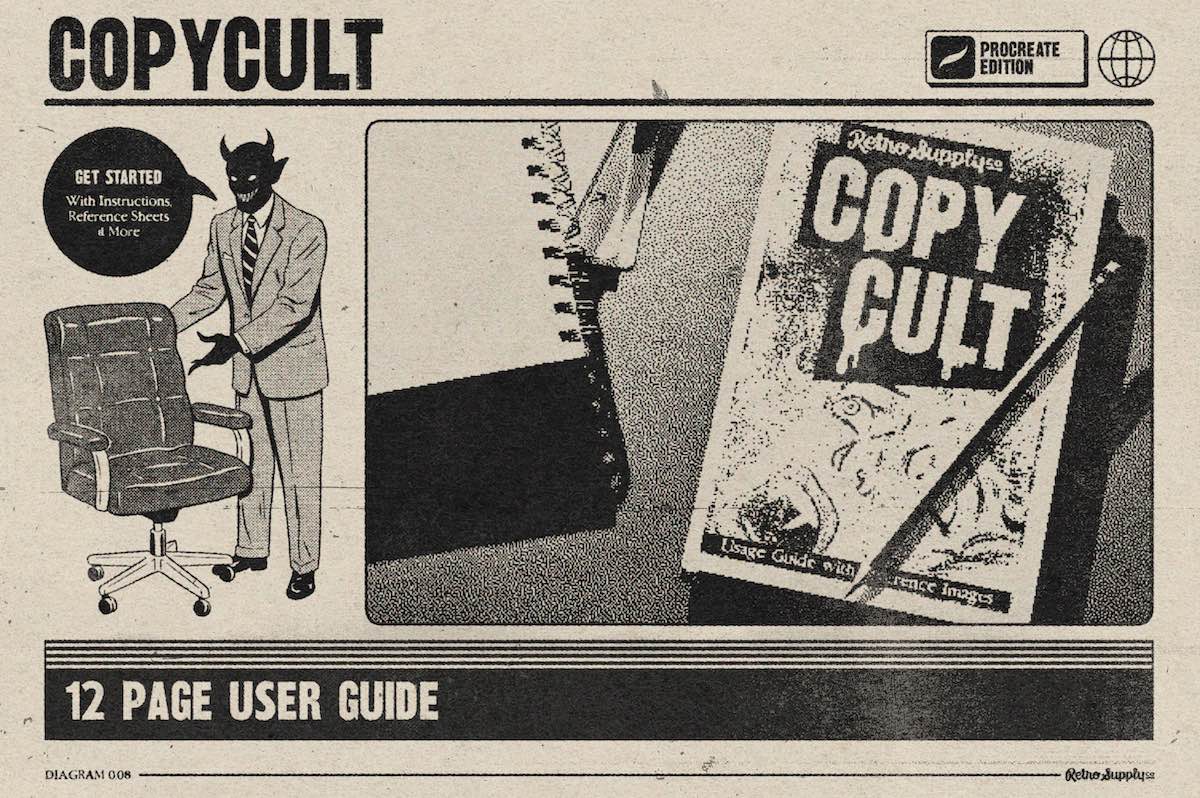 Promotional graphic for 'Copy Cult' with a man in a suit, chair, notebook, and book titled 'Copy Cult'.
