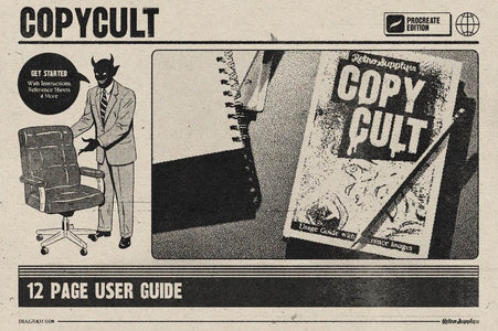 Promotional graphic for 'Copy Cult' with a man in a suit, chair, notebook, and book titled 'Copy Cult'.