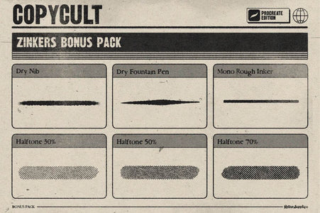 Zinkers Bonus Pack with Procreate brushes for inking and halftones on paper texture.