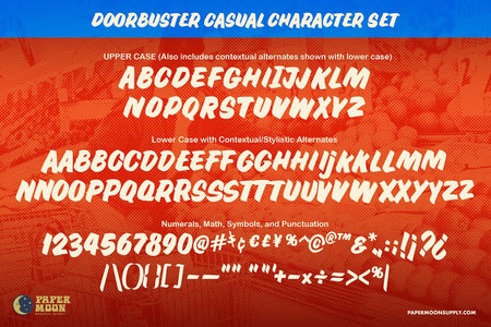 Doorbuster Casual font character set – uppercase, lowercase letters, numbers, symbols, and contextual alternates in a retro hand-painted style.
