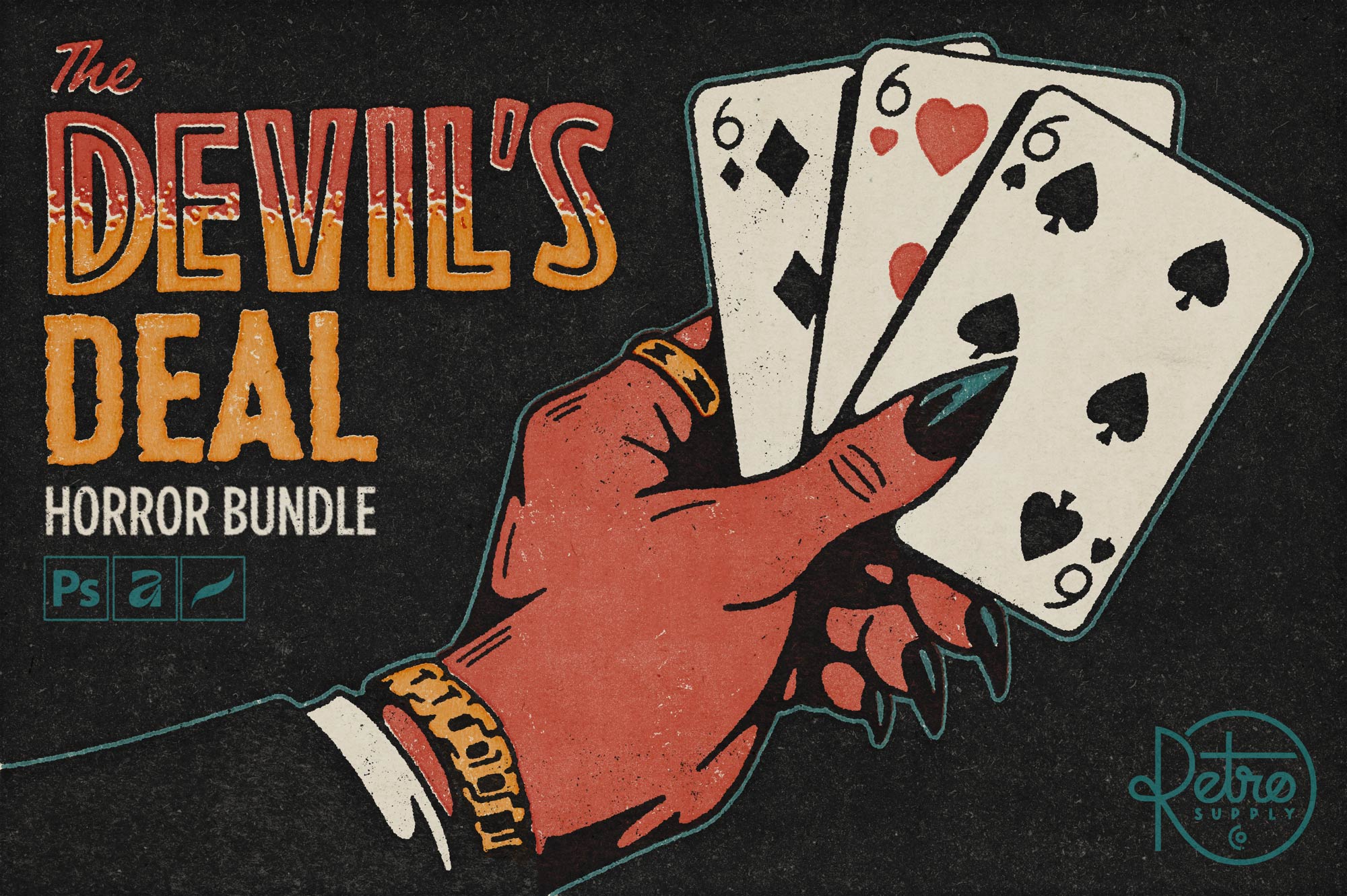 The Devil's Deal Horror Bundle cover from RetroSupply Co., a horror font, brush and texture bundle with 16 Remedy667 fonts