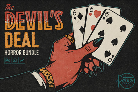 The Devil's Deal Horror Bundle cover from RetroSupply Co., a horror font, brush and texture bundle with 16 Remedy667 fonts