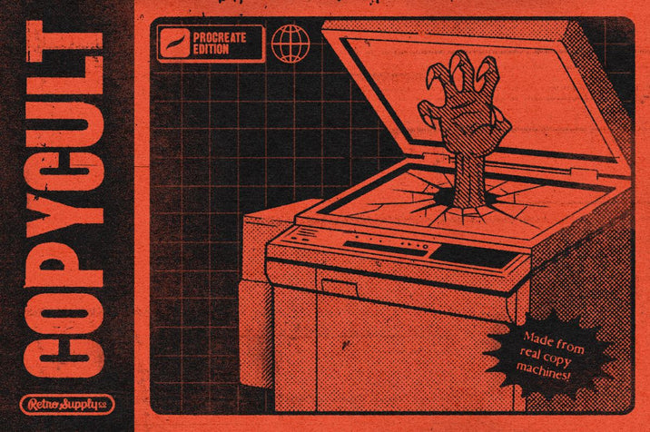 Illustration of a machine with a hand emerging, labeled 'COPYCULT Procreate Edition', on an orange and black background.