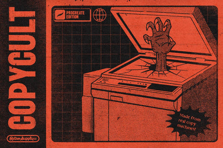 Illustration of a machine with a hand emerging, labeled 'COPYCULT Procreate Edition', on an orange and black background.