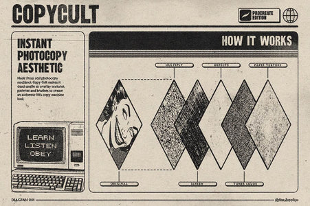 Vintage-style diagram of a photocopier with text and graphics on a beige background.