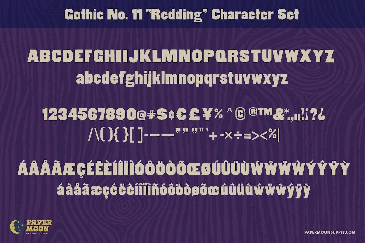 Redding Gothic wood letterpress font contains upper and lower case, numbers, punctuation, special characters, and multi-language support.