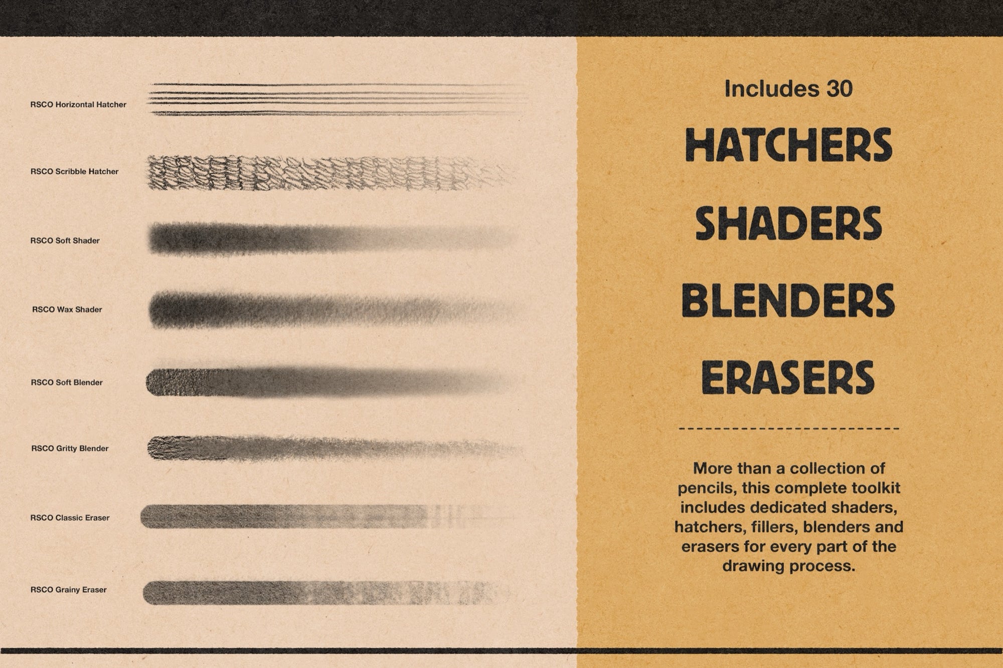 Samples of the 30 hatcher, shader, blender, and eraser brushes included in the Studio Pencils Affinity brush set